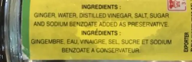 Pickled ginger ingredients label