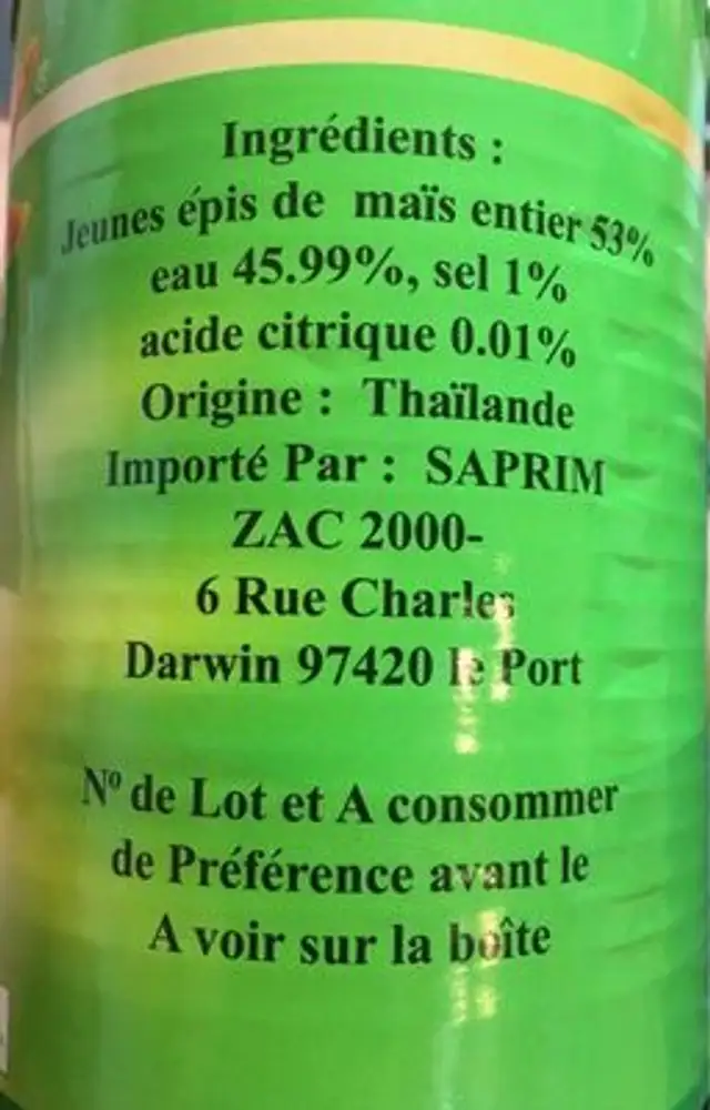 Jeune epis de maïs entier ingredients label