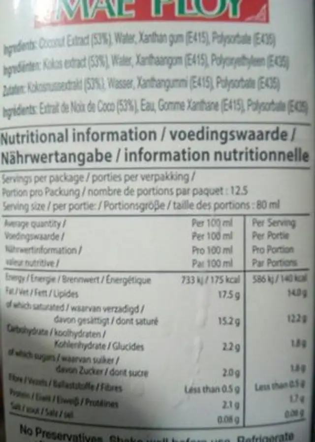Lait De Coco ingredients label
