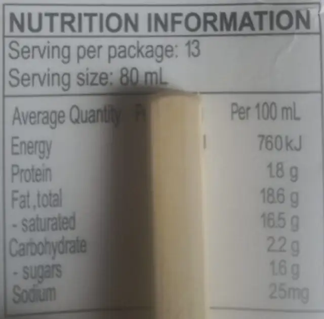 Lait De Coco nutrition facts table