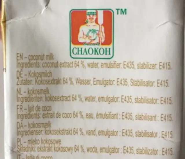 Kokocreme 250 ML Chaok. classic Gold ingredients label