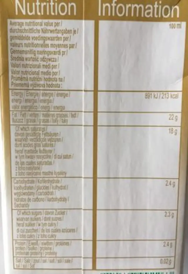 Kokocreme 250 ML Chaok. classic Gold nutrition facts table