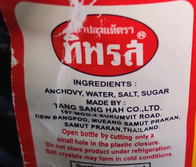 Tiparos Fish Sauce ingredients label