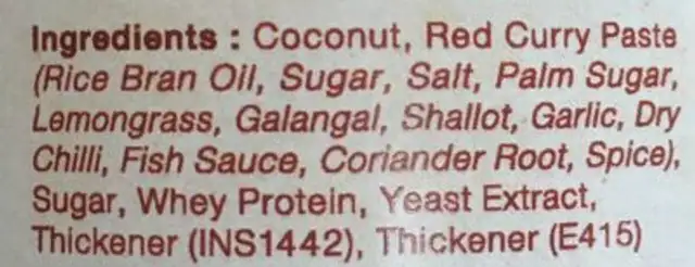 Red Curry sauce ingredients label