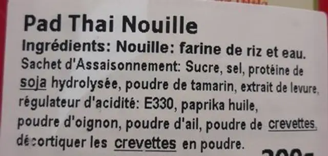 Nouille Pad Thai 300G ingredients label