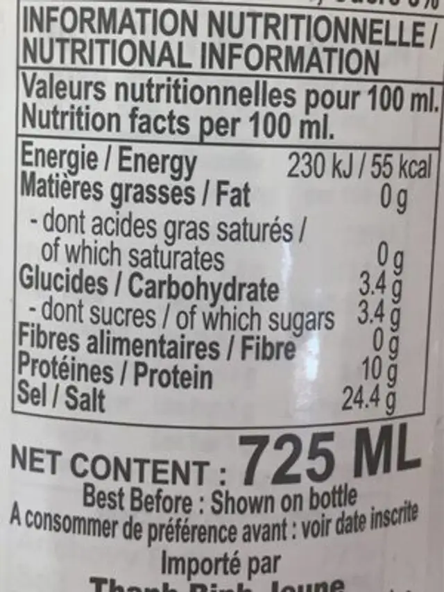 Sauce Poisson Ca Com 725ML Thailande nutrition facts table