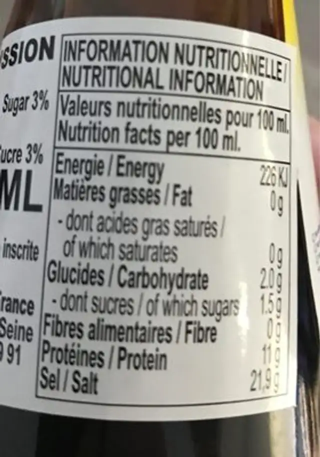 Sauce Poisson Ca Com 300ML nutrition facts table