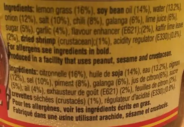 Pâte aigre et piquante instantannée ingredients label