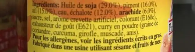 Sauce Satay 227 G ingredients label
