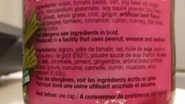 Pâte cuite épice de saveur boeuf ingredients label