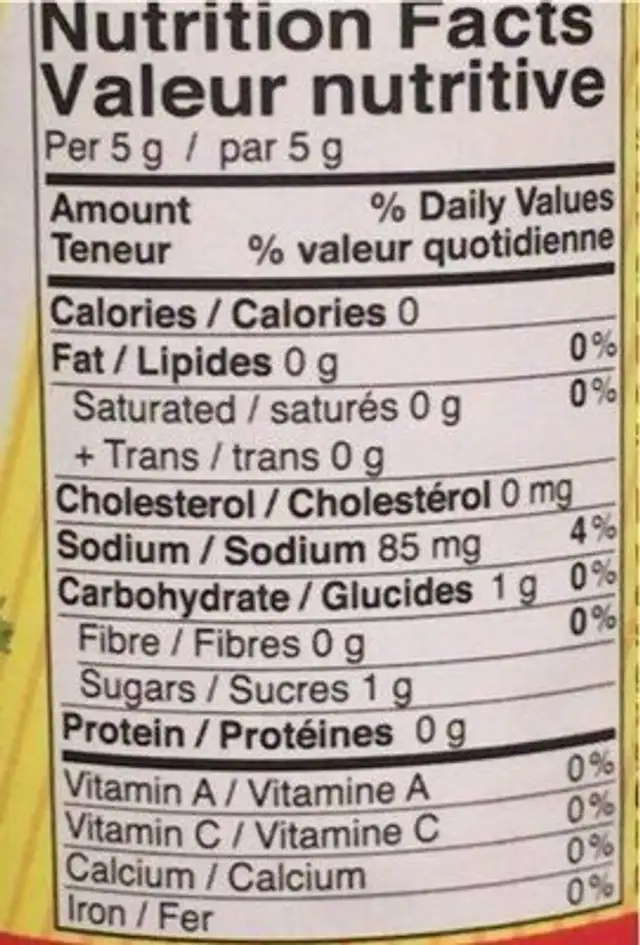 Nuoc Cham Cha Gio nutrition facts table