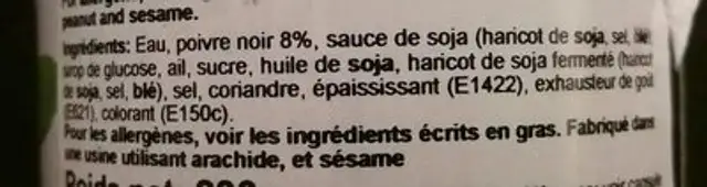 Sauce Poivre Noir Lee ingredients label