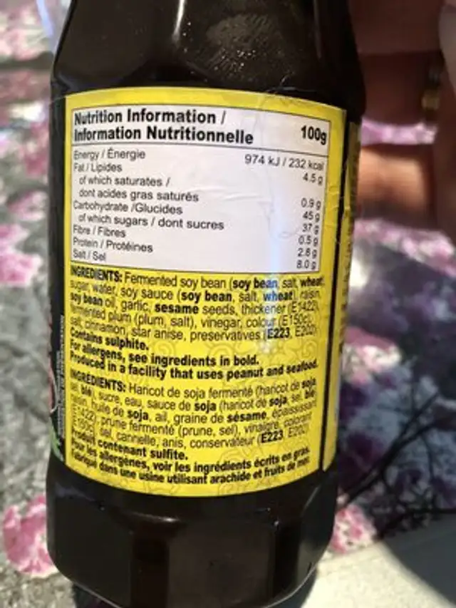 Peking Duck Sauce / sauce pour canard pekinois ingredients label