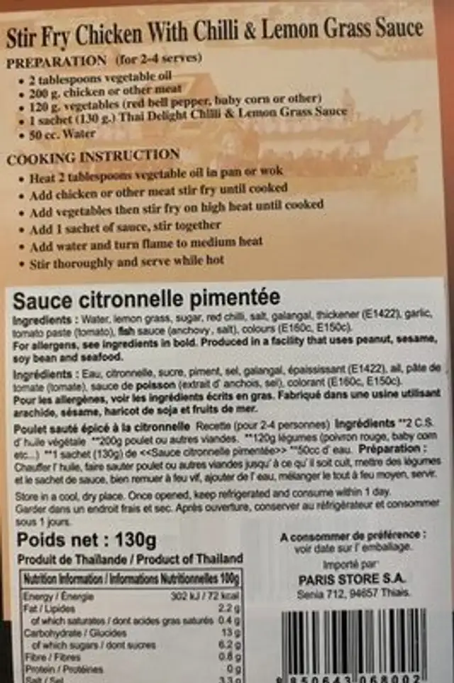 Chilli Lemon Grass 130G Thai Delight ingredients label