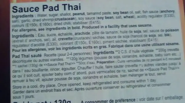 Sauce Pad Thai 130G ingredients label