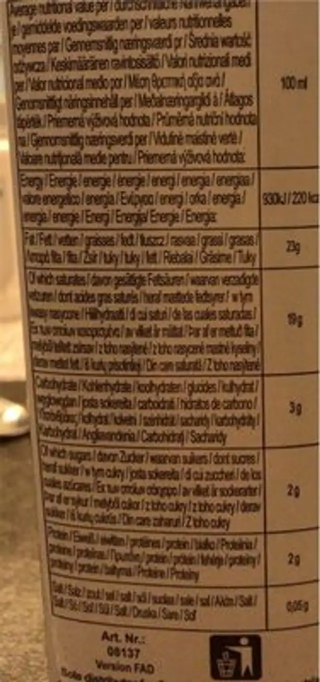 Coconut cream nutrition facts table