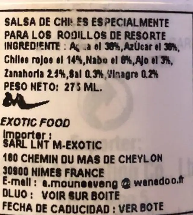 Chili Sauce ingredients label