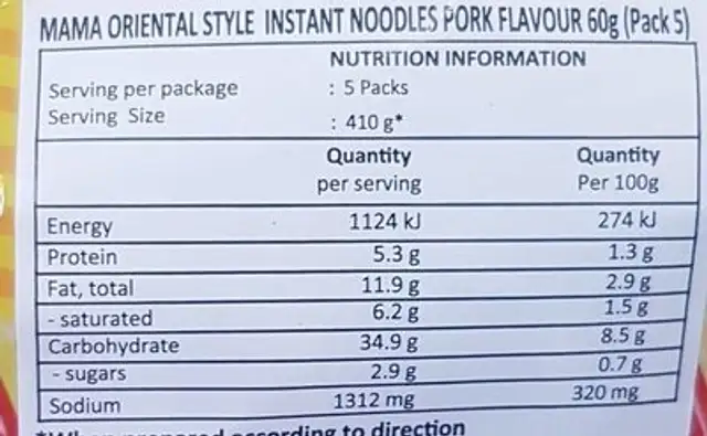 Oriental style instant noodles nutrition facts table