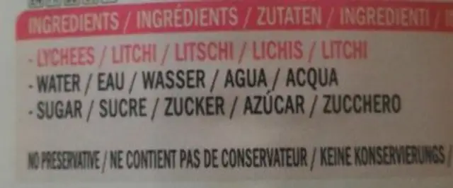 Twin Elephant Lychees In Syrup ingredients label