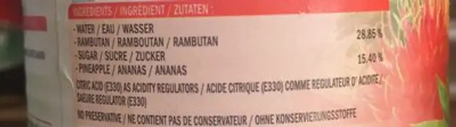 Ramboutan fourré d'ananas au sirop ingredients label