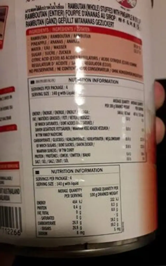Ramboutan fourré d'ananas au sirop nutrition facts table