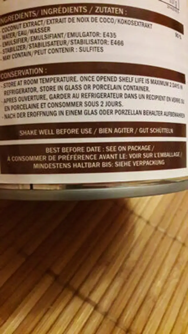 Coconut cream ingredients label
