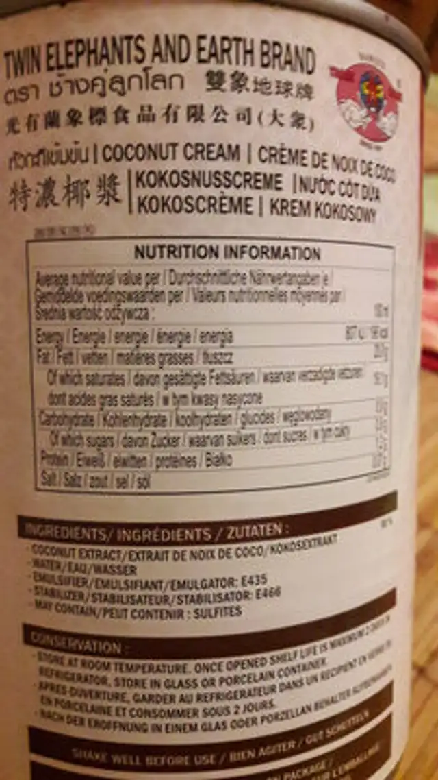 Coconut cream nutrition facts table