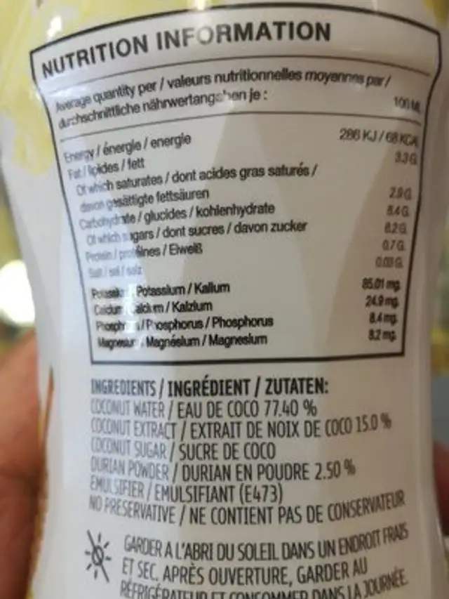 Coconut Milk Durian 280ml ingredients label