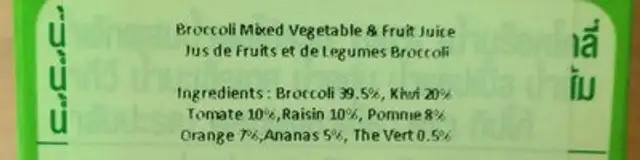 Tipco Broccoli & mixed fruit juice ingredients label