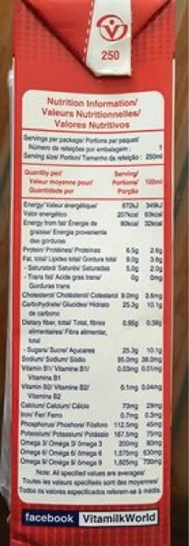 vitamilk soyamilk 250ml nutrition facts table