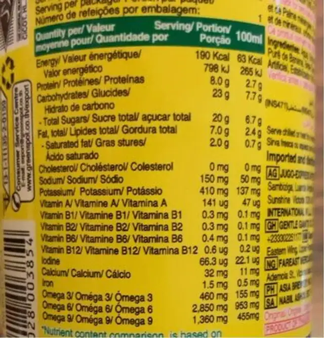 Vitamilk Banana nutrition facts table