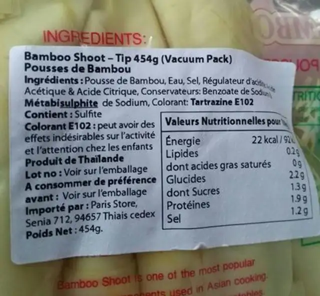 Pousses de bambou ingredients label