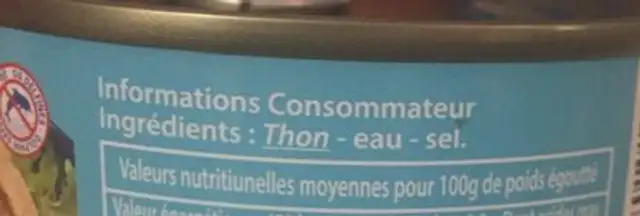 Thon en morceaux au naturel ingredients label