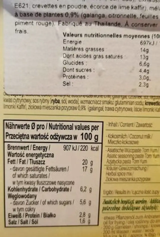Tomyum kit nutrition facts table