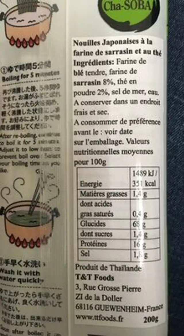 Nouilles Japonaises à la farine de sarrasin et au thé ingredients label