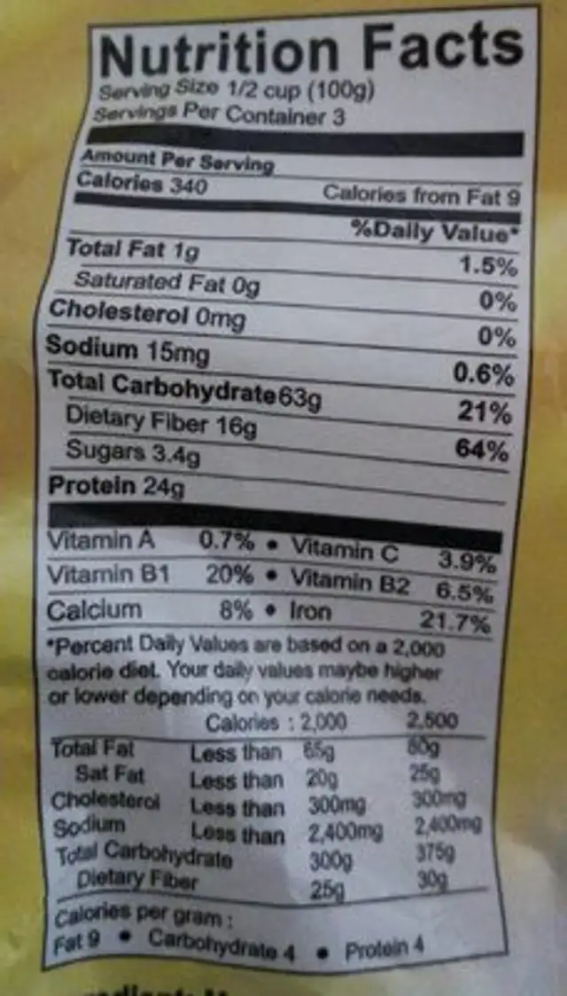 Peeled split mung bean nutrition facts table