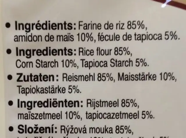 Vermicelles de riz ingredients label