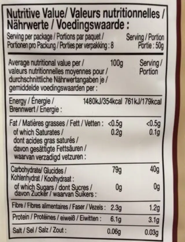 Vermicelles de riz nutrition facts table