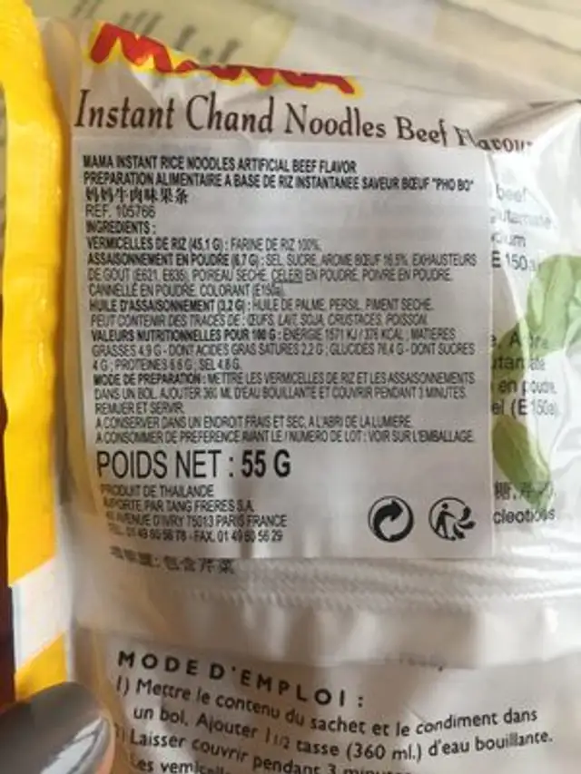 Oriental Style Instant Chand Noodles Beef Flavour ingredients label