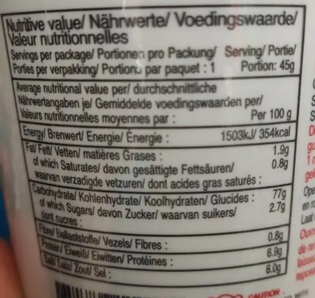 Purée de riz instantanée nutrition facts table