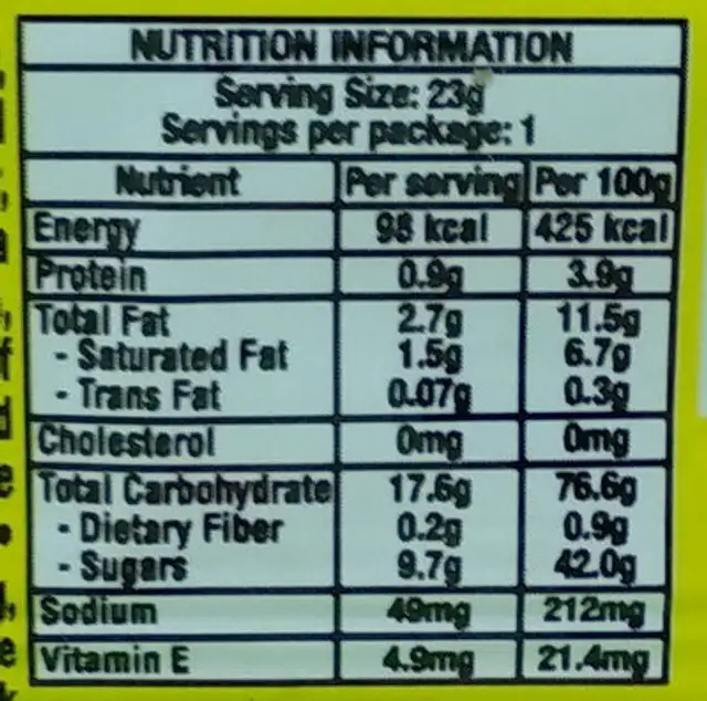 Coco cereal bar nutrition facts table