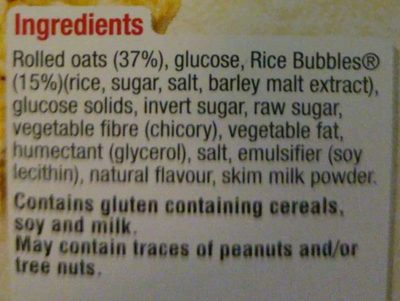 Kellog's LCMs Oaty Bubble Bars ingredients label