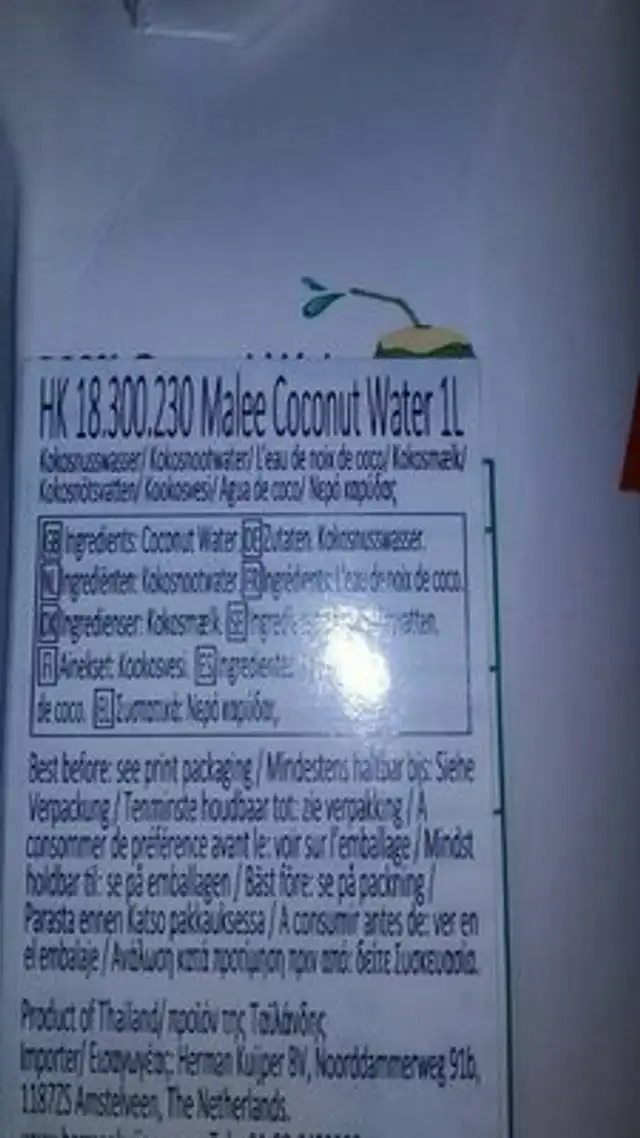 Malee Juice Coconut Water ingredients label