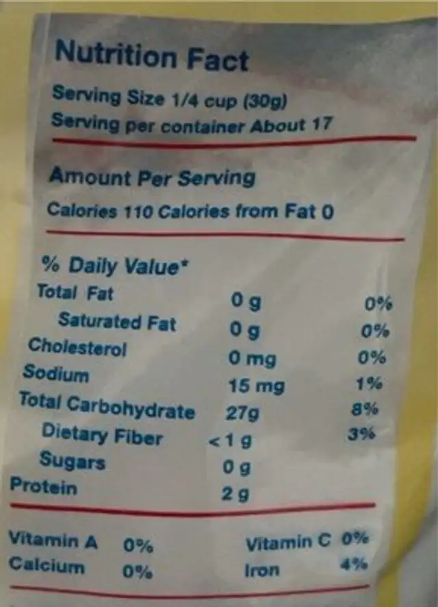 Klebreismehl nutrition facts table