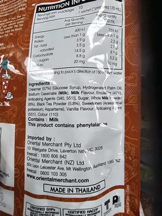 3in1 Thai Tea Mix ingredients label