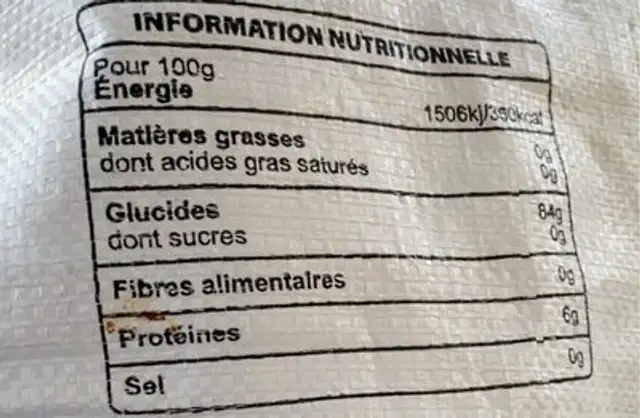 Riz parfumé thai jasmin nutrition facts table