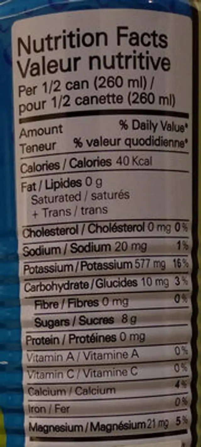 100% Coconut Water nutrition facts table