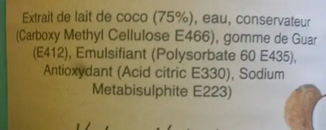 Lait de Coco ingredients label