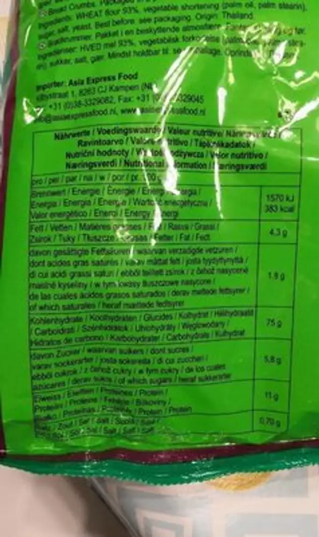 Chapelure Panko nutrition facts table