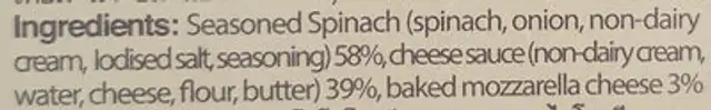 Baked Spinach with Cheese ingredients label